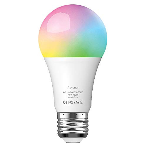 Aoycocr Smart Bulb, Dimmable E26 LED Light Bulb Compatible with Amazon Alexa Google Home Assistant and IFTTT, No Hub Require, Wi-Fi, 75W Equivalent, A19 RGB Multicolor Bulb 7.5W (1 Pack) Aoycocr Smart Bulb, Dimmable E26 LED Light Bulb Compatible with Amazon Alexa Google Home Assistant and IFTTT, No Hub Require, Wi-Fi, 75W Equivalent, A19 RGB Multicolor Bulb 7.5W (1 Pack)