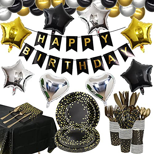 Gold Dot Disposable Birthday Party Tableware Supplies -Black Plates Cups Napkins Paper Straws Spoons Forks Knives Happy Birthday Banner Tablecloth Foil Balloon for Party decoration - Serves 25