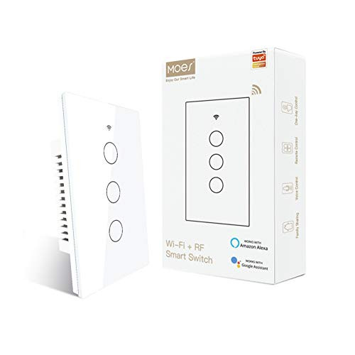 MOES WiFi Touch Wall Smart Switch Single Pole or 3 Way Multi-Control Association Glass Panel Smart Light Switch Work with Smart Life-Tuya App RF433 Remote Control Alexa and Google Home White 3 Gang