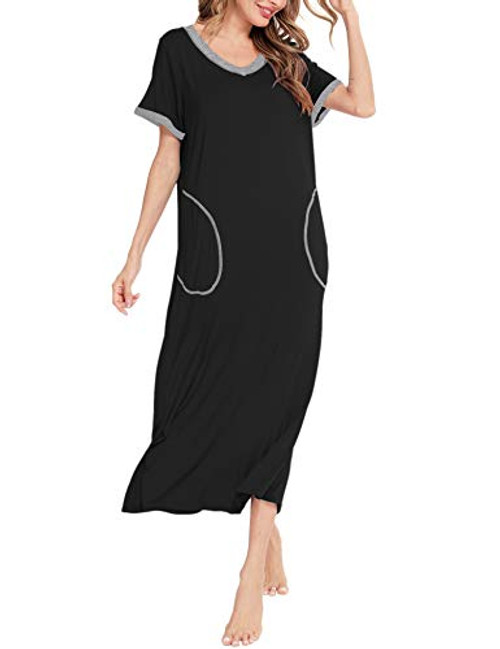 SWOMOG Women's Long Housecoat Short Sleeve Nightgown V Neck Night Dress Full Length Robe with Pockets Black