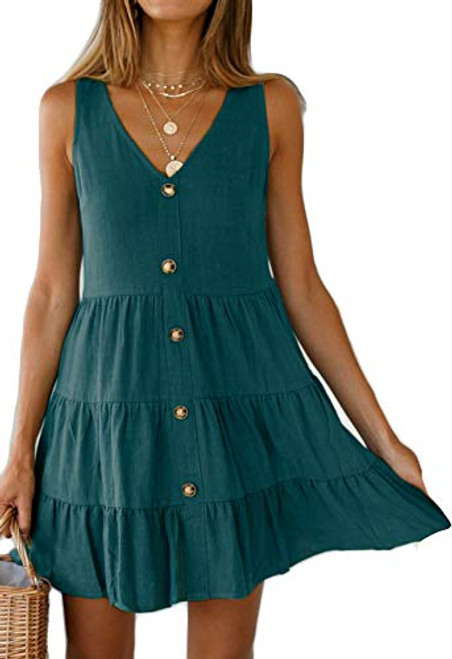 Halife Women's Button Front Dress Summer Sleeveless V-Neck Pleated Swing Dresses Peacock Blue S Halife Women's Button Front Dress Summer Sleeveless V-Neck Pleated Swing Dresses Peacock Blue S