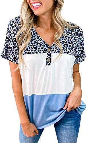 ECOWISH Women Shirts Leopard Print Color Block Tunic Top V-Neck Button Short Sleeve Loose Casual T-Shirt Blouse Blue Small