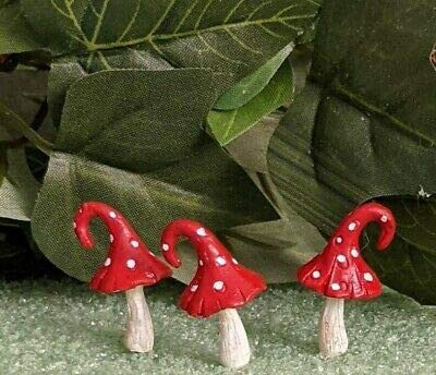 Mini Curl Top Mushrooms Red Set of 3 on Picks Fiddlehead Fairy Garden Miniature