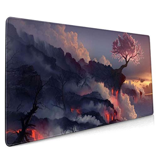 Cherry Tree Volcano Nature Large Gaming Mouse Pad with Stitched Edges -35.4x15.7In- Extended Mousepad Non-Slip Rubber Base Keyboard Mat Desk Pad for Work Gaming