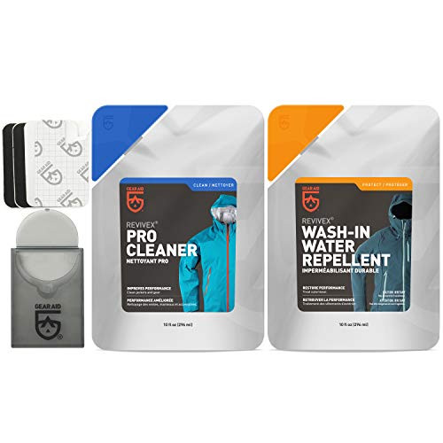 GEAR AID Care Kit with Revivex Pro Cleaner Revivex Wash-in Water Repellent and Tenacious Tape Mini Patches Clear Two 10 oz Packs GEAR AID Care Kit with Revivex Pro Cleaner Revivex Wash-in Water Repellent and Tenacious Tape Mini Patches Clear Two 10 oz Packs
