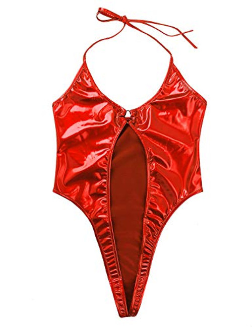 MSemis Woman's Metallic Halter Slingshot Micro Bikini Lingerie One-Piece Monokini Swimsuit Bodysuit Red Medium