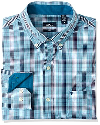 IZOD Men's Fit Button Down Long Sleeve Stretch Performance Plaid Shirt -Discontinued- Fjord Blue Large Tall Slim