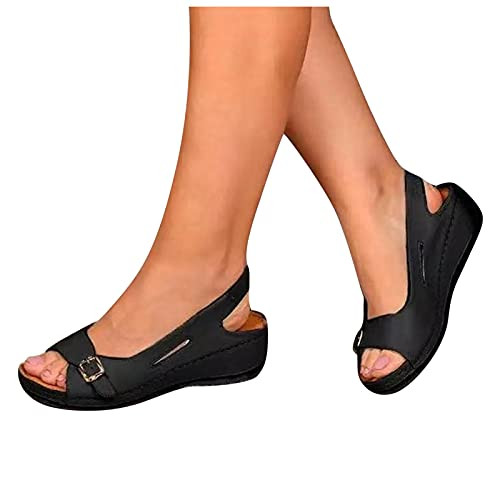 Aniywn Women's Heels Open Toe Sandals Peep Toe Summer Casual Cutout Slingback Ankle Strap Platform Wedge Sandals Black