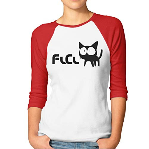 Fooly Cooly FLCL Cat Anime Manga Woman's Cotton Raglan Baseball 3-4 Sleeve Active Top T Shirt XL Red
