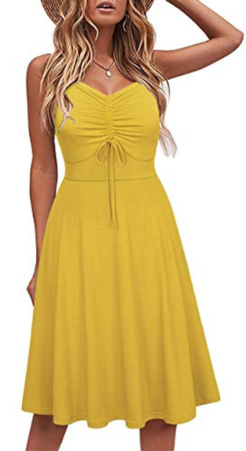 Lamilus Dresses for Women Casual Summer Spaghetti Straps Party Beach Sundresses Midi Dresses with Pockets -MYellow-L8006-