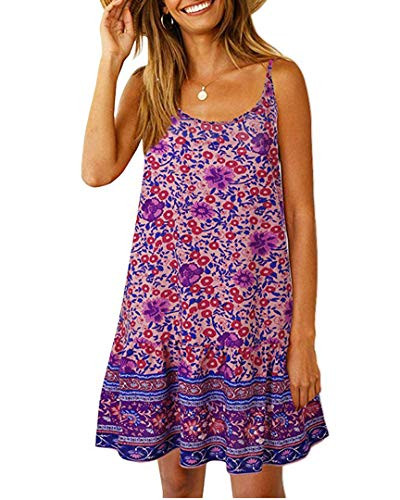 Womens Boho Floral Printed Dress Summer Cami Sleeveless Adjustable Strap Beach Mini Dress with Pockets -L Purple-