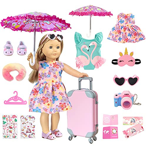 18 inch American Doll Clothes and Accessories - Doll Travel Suitcase Play Set Including Luggage 2 Sets of Doll Clothes and Shoes Umbrella Sunglasses Camera Travel Pillow Blindfold Passport Tickets