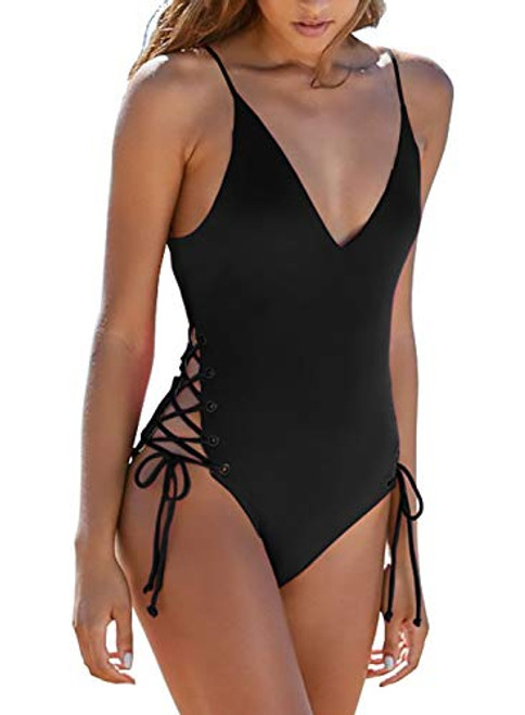 Upopby Women's Sexy One Piece Swimsuits Lace up Criss Cross Bathing Suits Plunge Monokini Side Tie Strappy Swimwear Black S