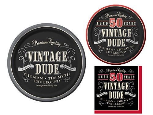 Vintage Dude 50th Birthday Party Supplies Bundle - 3 Items- Dinner Plates Appetizer-Dessert Plates  and  Napkins