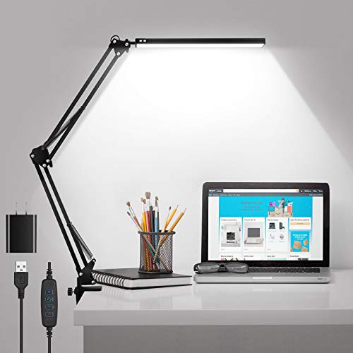 LED Desk Lamp with Clamp Metal Swing Arm Desk Lamps for Home Office Eye-Caring  and  Dimming Desk Light with 3 Colors Modes 10 Brightness Levels  and  Adapter Included Memory Function 10W -Black-