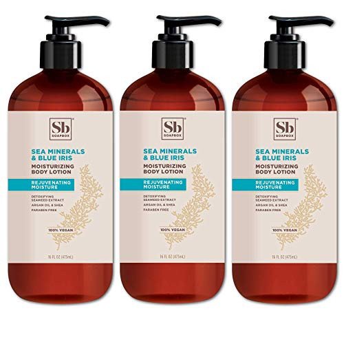 Soapbox Sea Minerals and Blue Iris Moisturizing Body Lotion with Shea Butter and Argan Oil - Paraben Free Cruelty Free Vegan Made in the USA -16oz 3 Pack- Soapbox Sea Minerals and Blue Iris Moisturizing Body Lotion with Shea Butter and Argan Oil - Paraben Free Cruelty Free Vegan Made in the USA -16oz 3 Pack-