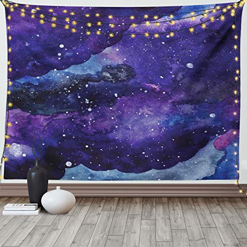 Lunarable Outer Space Tapestry Queen Size Starry Night Sky Paint Strokes Galaxy Cosmic Universe Theme Wall Hanging Bedspread Bed Cover Wall Decor 88" X 88" Blue Navy
