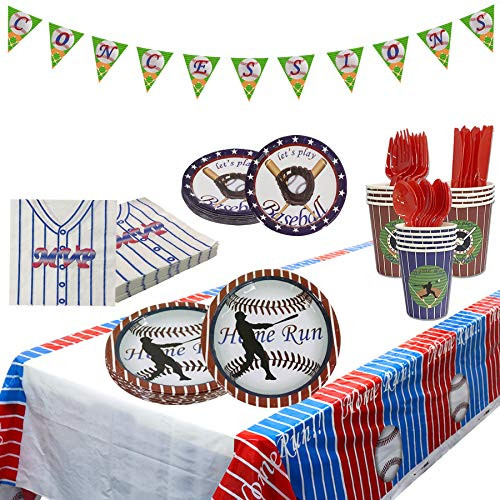 Baseball Party Supplies Sports Tableware Party Pack for Baseball Themed Birthday Party Including Plates Cups Napkins Spoons Knives Forks Tablecloth Banner Serves 20 -A-