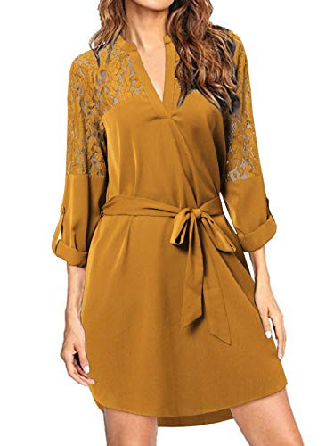 kenoce Shirt Dress for Women V Neck Solid Plain Loose Lace 3-4 Sleeve Blouse Dress Casual Long Tunic Tops A-b Yellow Medium