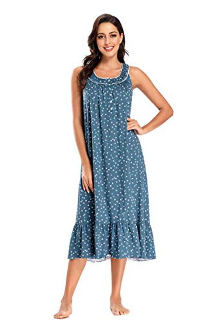 IZZY  plus TOBY 100 percent Cotton Nightgowns for Women Sleeveless Soft Ladies Nightgown Long Sleepwear Gowns Summer Night Dress Print Green S