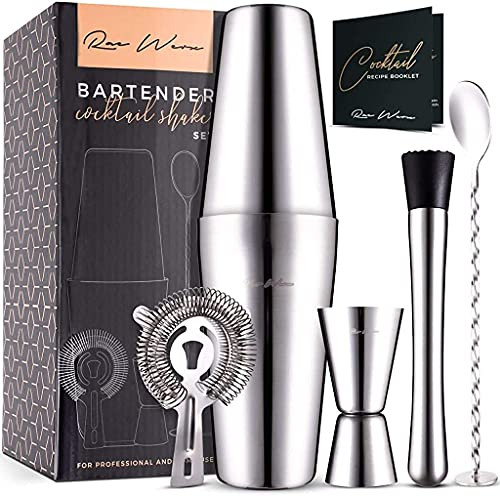 Raewerx Boston Shaker set Cocktail Shaker Bartending Mixer Tools. Cups Muddler Double Jigger Hawthorne Strainer Mixing Spoon For Martini Professional bartender and Home Stainless Steel barwares