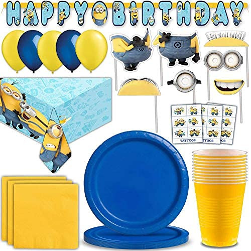 Minions Party Supplies for 20 - Plates Cups Napkins Tablecover Photo Booth Props Happy Birthday Banner Balloons - Despicable Me Birthday Tableware Supply and Decorations