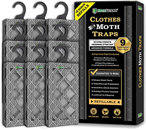 Maxguard Clothes Moth Traps -9 Set Bonus Pack- Extra Strength Pheromones - Non-Toxic Sticky Glue Trap for Closets and Carpet Moths - No Mothballs - Lure Trap and Kill Case-Bearing  plus Webbing Moths -