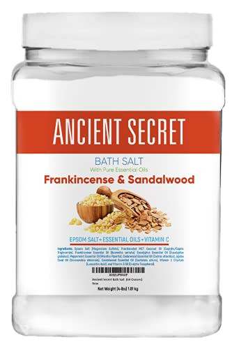 Ancient Secret Bath Salt 64 Ounces Epsom Salt with Natural Frankincense Sandalwood Peppermint Eucalyptus and Cedarwood Essential Oils Plus Vitamin C in 4 Pounds Jar