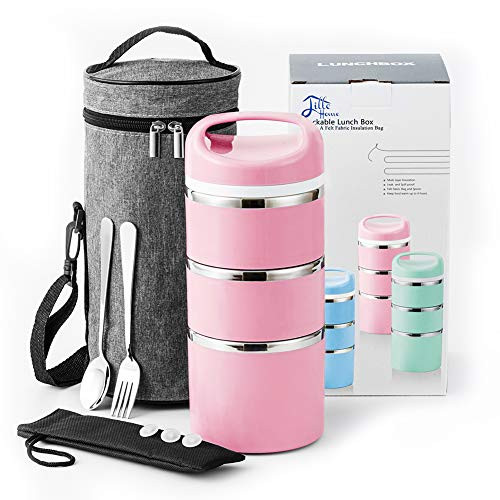 Lille Home Stackable Stainless Steel Thermal Compartment Lunch-Snack Box 3-Tier Insulated Bento-Food Container with Upgraded Lunch Bag Portable Cutlery Set and 3 Extra Silicone Seals 43OZ Pink