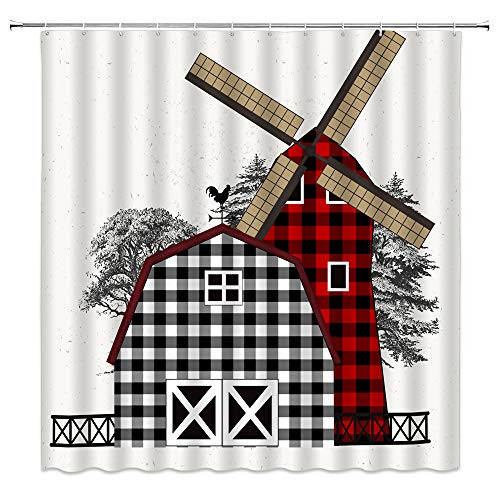 GCTNBJL Rustic Farmhouse Shower Curtain Black White Buffalo Plaid Farm Barn Windmill Forest Vintage Western Farm House Creative Abstract Country Style Bathroom Decor Fabric Curtain with Hooks GCTNBJL Rustic Farmhouse Shower Curtain Black White Buffalo Plaid Farm Barn Windmill Forest Vintage Western Farm House Creative Abstract Country Style Bathroom Decor Fabric Curtain with Hooks