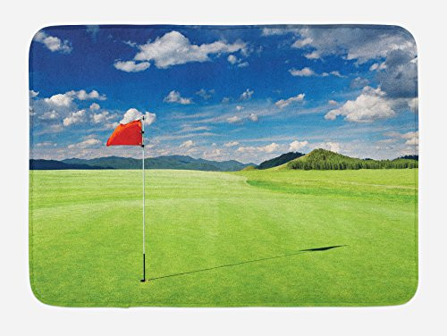 Lunarable Sports Bath Mat Golf Field with Flag in The Hole Clouds Sky Summertime Golfing Landscape Plush Bathroom Decor Mat with Non Slip Backing 29.5" X 17.5" Lime Green