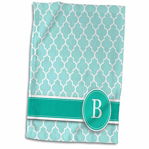 3D Rose Letter B Aqua Blue Quatrefoil Pattern Teal Turquoise Mint Monogrammed Personal Initial Towel 15" x 22" Multicolor