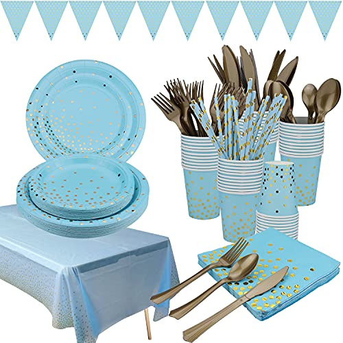 Blue and Gold Dot Disposable Paper Party Tableware Supplies - Dinner-Dessert Plates Cups Napkins Straws Spoons Forks Knives Banner Tablecloth for Birthday Party Wedding - Serves 25