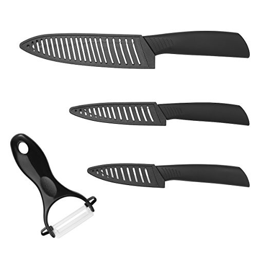 Ceramic Knife Set, Mecraft Ceramic Knife 4 Pieces?includes 6" Chef's Knife,4" Utility Knife,3" Fruit Paring Knife and Fruit Peeler?Kitchen Cutlery, Anti-Rust, Antibacterial Zirconium Oxide Knife,Black