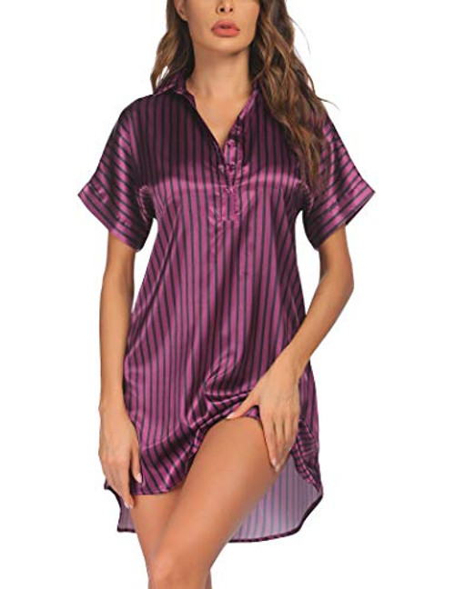 Ekouaer Women's Nightgowns Sexy Satin Sleepshirt V-Neck Nightshirt Short Sleeves Sleepwear Dress with Button S-XXL