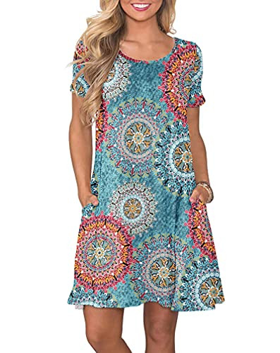 WNEEDU Women's Summer Casual T Shirt Dresses Short Sleeve Swing Dress with Pockets -S M Print Green-