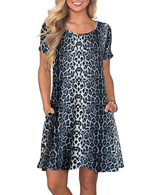 WNEEDU Women's Summer Casual T Shirt Dresses Short Sleeve Swing Dress with Pockets -XL Snow Leopard Print-