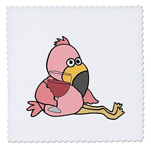 3dRose All Smiles Art Birds - Cute Funny Baby Pink Flamingo Bird Drinking Wine Cartoon - 22x22 inch Quilt Square (qs_288179_9)
