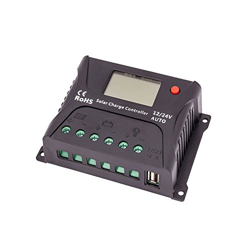 HQST 10 Amp 12V/24V PWM Solar Panel Regulator Charge Controller with LCD Display and 5V 1A USB Port for Mobile Phones, Tablets, Speakers