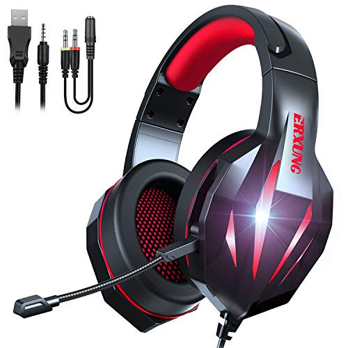 TYUOBOX Gaming Headset with Microphone for PS4 Xbox One PC Over Ear Headphones with Mic Wire Noise Cancelling LED Light Bass Surround for Playstation Nintendo PS3 Games -Black Red-