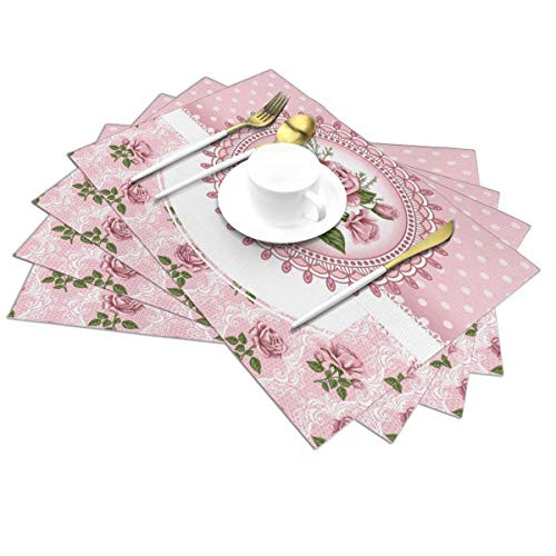 BJHAP Placemats Set of 4 for Dining Table Vintage Pink Rose Washable Woven Vinyl Placemat Non-Slip Heat Resistant Kitchen Table Mats