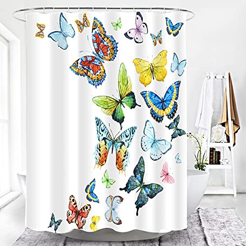 Butterfly Shower Curtain White Bathroom Curtain Durable Waterproof Shower Curtain with 12 Hooks 72X72 inch