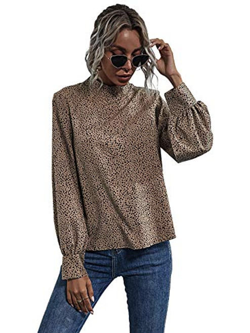 SOLY HUX Women's Mock Neck Bishop Long Sleeve Polka Dots Print Top Blouse Brown L SOLY HUX Women's Mock Neck Bishop Long Sleeve Polka Dots Print Top Blouse Brown L