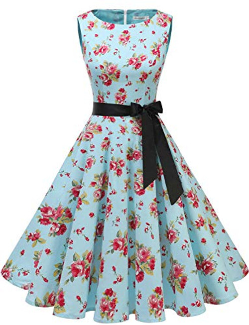 Gardenwed Women's Audrey Hepburn Rockabilly Vintage Dress 1950s Retro Cocktail Swing Party Dress Blue Little Flower XS Gardenwed Women's Audrey Hepburn Rockabilly Vintage Dress 1950s Retro Cocktail Swing Party Dress Blue Little Flower XS