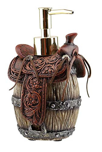 Western Saddle Barrel Liquid Soap Lotion Pump Dispenser 7.5" Brown Tan Rustic Bathroom Decor