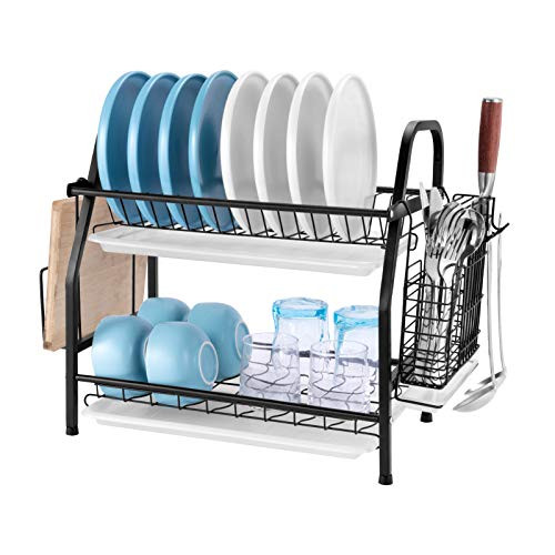 Dish Drying Rack bestwishes Dish Rack 304 Stainless Steel 2 Tier Dish Rack with Drainboard Utensil Holder Cutting Board Holder and Dish Drainer for Kitchen Counter -Black-