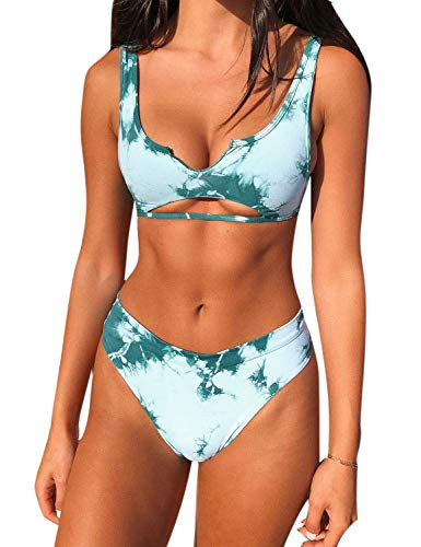 Blooming Jelly Women's Sexy Tie Dye Swimsuits High Cut Bikinis Push Up Cheeky Two Piece Bathing Suits -Medium Green-