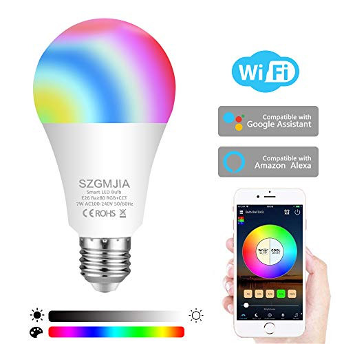 SZGMJIA LED Smart Light Bulb, 7W WiFi Dimmable E27 A19 Multicolor Light Bulb, 60W Equivalent, No Hub Required, Compatible with Alexa, Google Assistant and IFTTT SZGMJIA LED Smart Light Bulb, 7W WiFi Dimmable E27 A19 Multicolor Light Bulb, 60W Equivalent, No Hub Required, Compatible with Alexa, Google Assistant and IFTTT