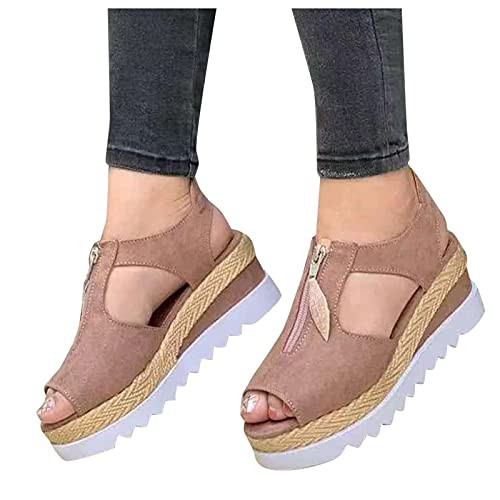 Aniywn Women's Zipper Wedge Sandals Comfort Ankle Strap Slip On Wedge Platform Cutout Espadrille Sandal Shoes Pink