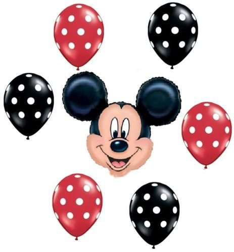 LOONBALLOON Mickey Mouse Red Black Polka Dots Head Ear Face -7- Mylar  and  Latex Balloons Set